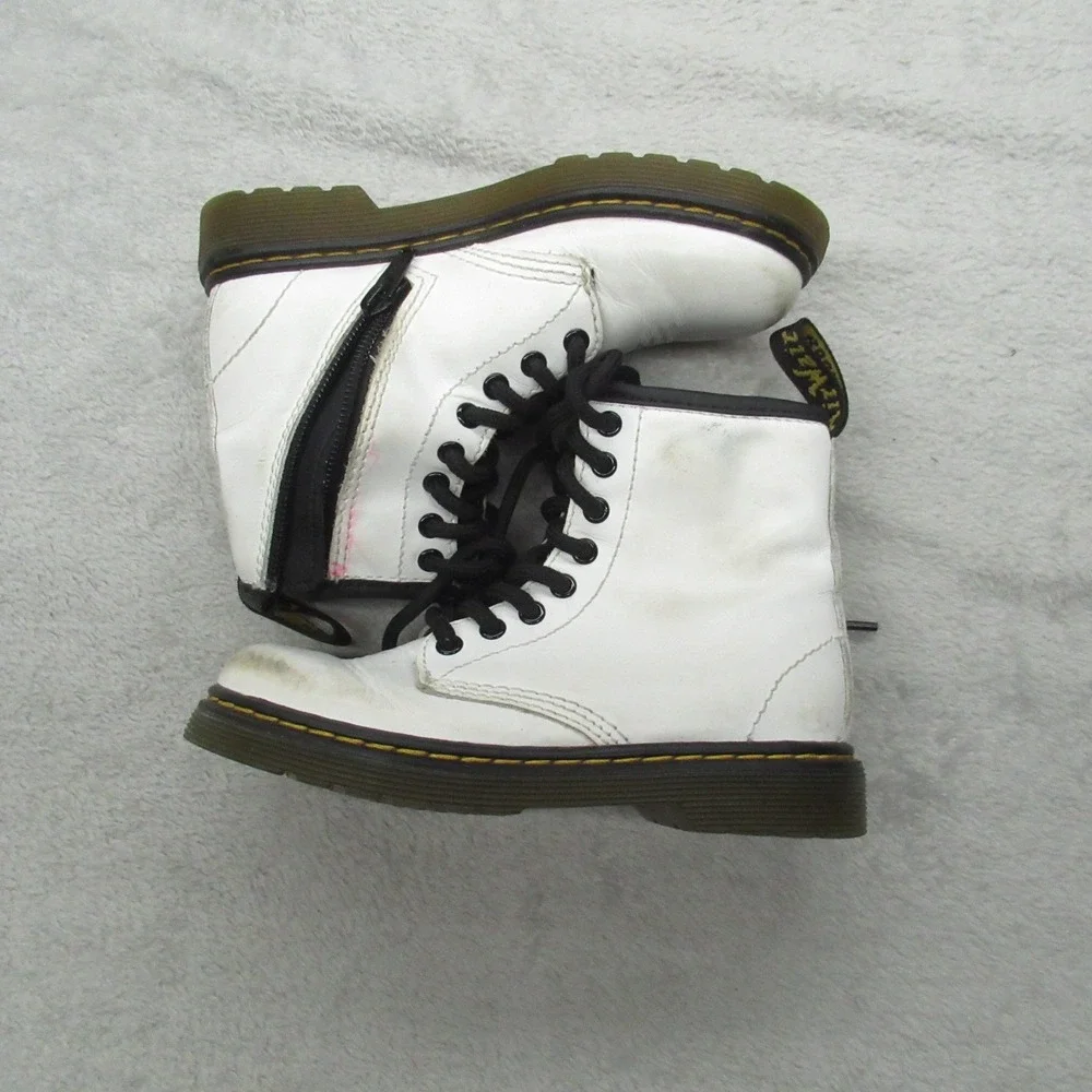 Dr. Martens Kids 11 Combat Boots White‎ Leather Side Zip Lace Up AirWair Classic